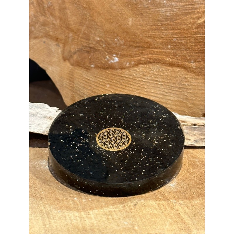 Shungite Orgone - sous verre - Fleur de Vie - Spirale cuivre - 8 cm