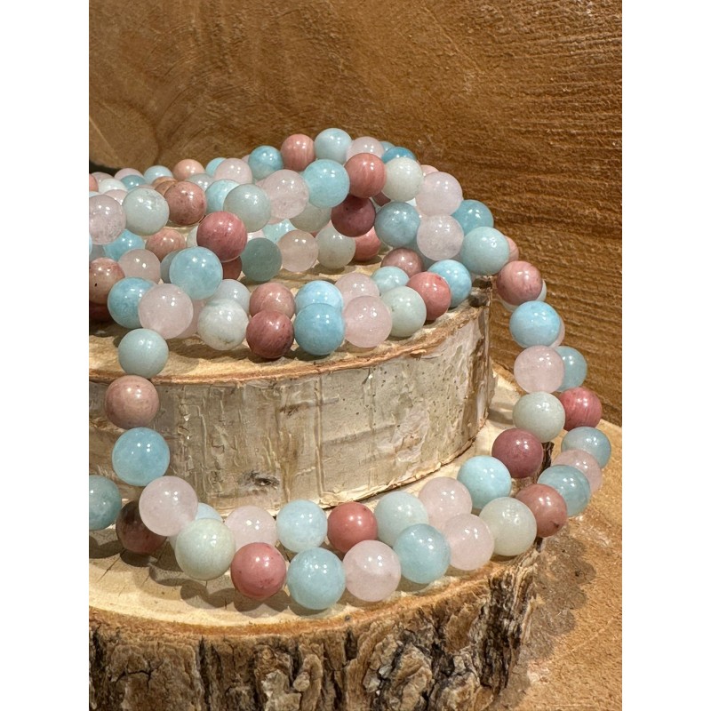 Bracelet aigue-marine/quartz rose/amazonite/thulite