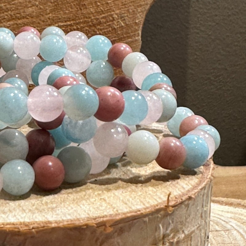 Bracelet aigue-marine/quartz rose/amazonite/thulite