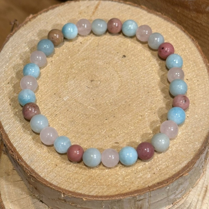 Bracelet aigue-marine/quartz rose/amazonite/thulite