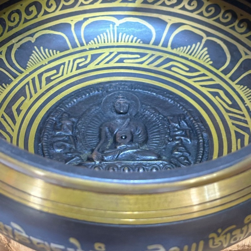 Bol Chantant 16 cm - gravé avec Bouddha (décoration à l'intérieur et à l'extérieur) - avec  stick