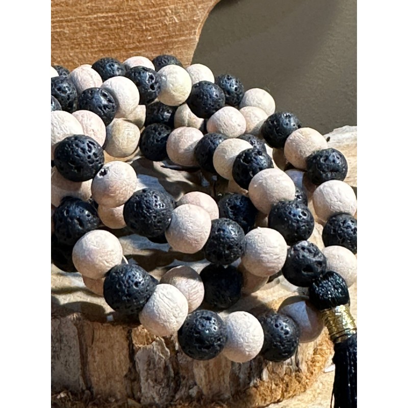 Mala en bois tulsi / pierre de lave - 108 perles