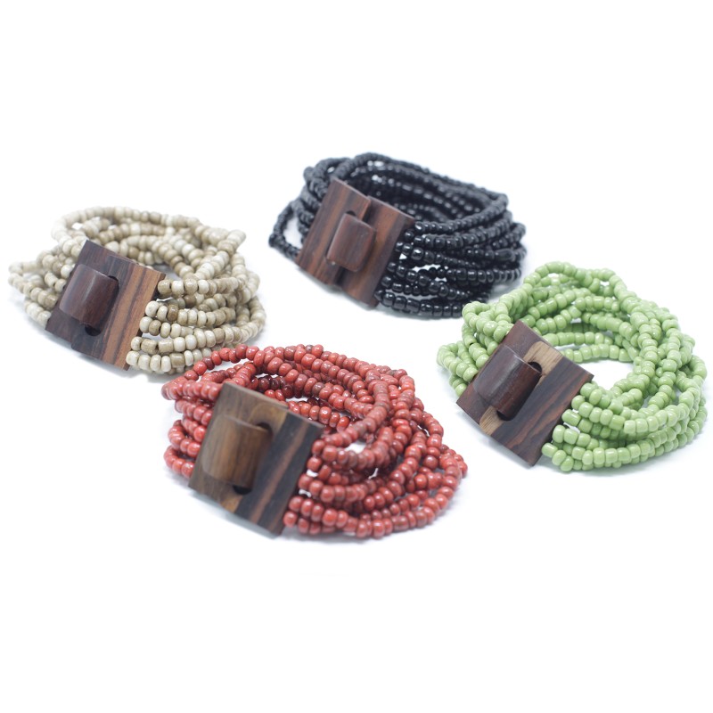 Bracelet bois de coco multi-perles fermoir boho