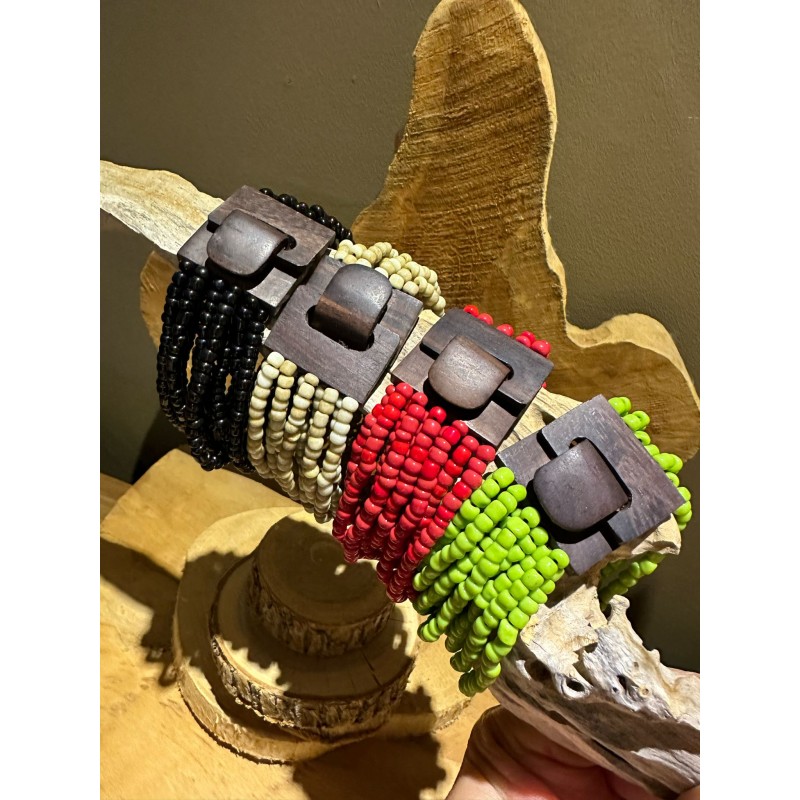 Bracelet bois de coco multi-perles fermoir boho - Différentes couleurs