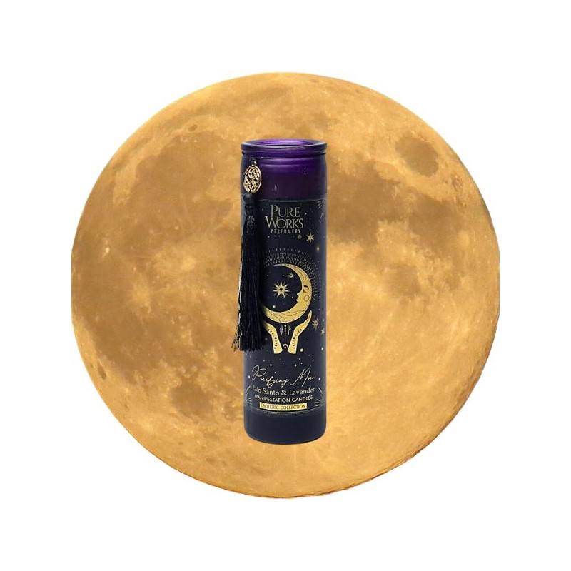 Bougie neuvaine d'intention Lune purificatrice en verre avec pompon