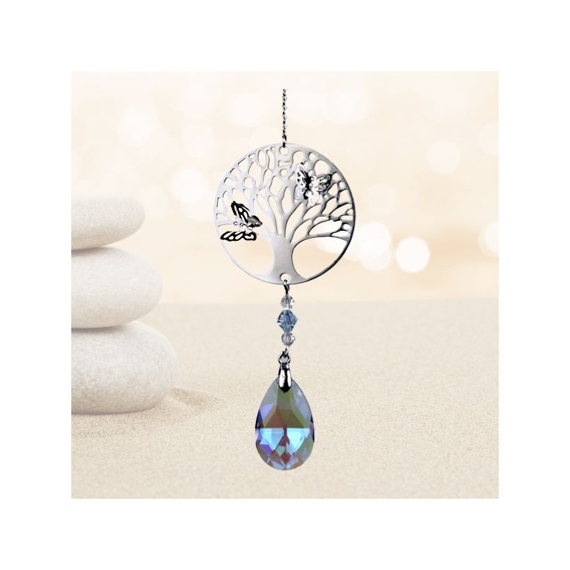 Mobile Arbre de vie papillons argenté - goutte cristal - Feng shui