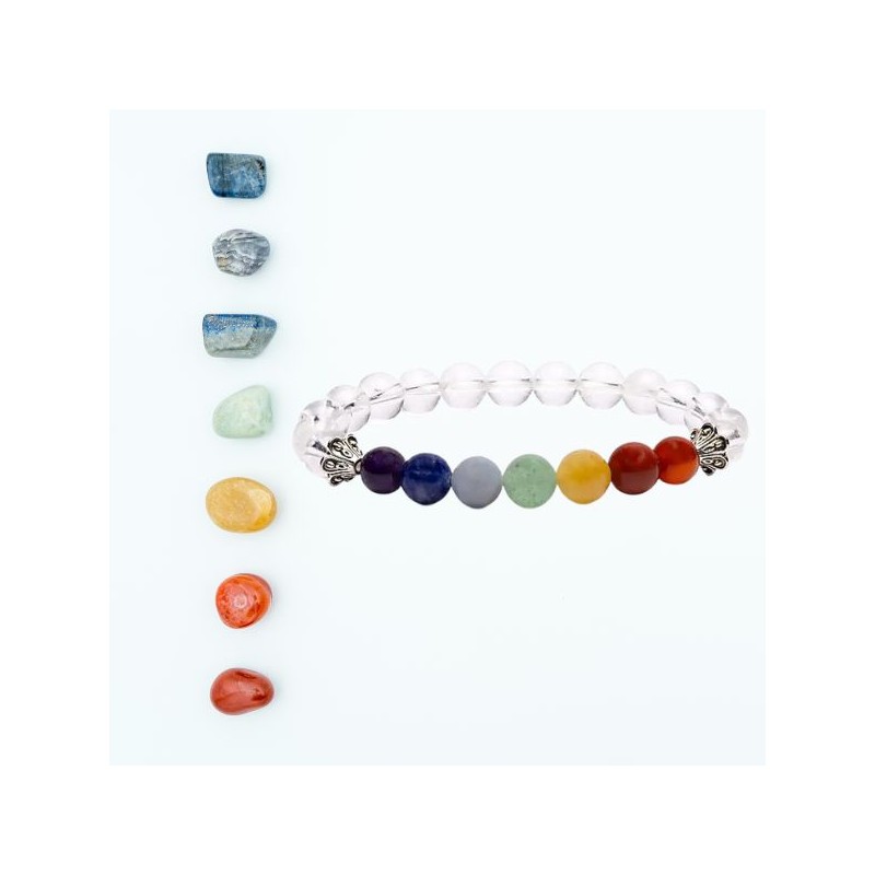 Bracelet 7 Chakra en cristal de roche – Perles 8 mm - litho - Elastique