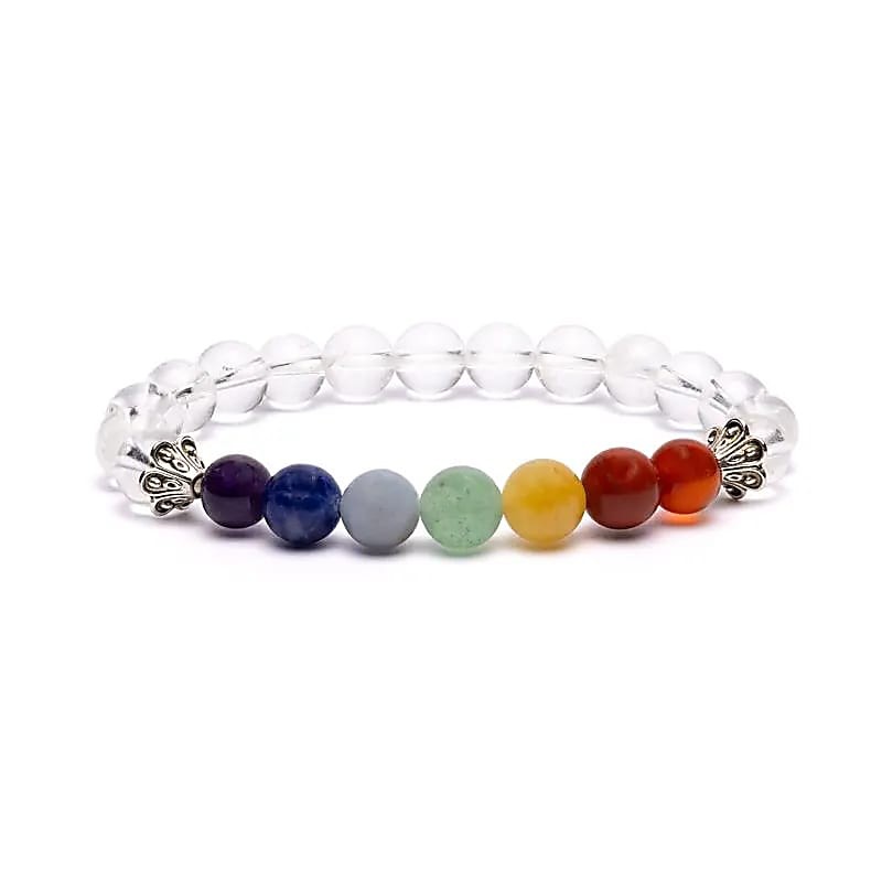 Bracelet 7 Chakra en cristal de roche – Perles 8 mm - litho - Elastique