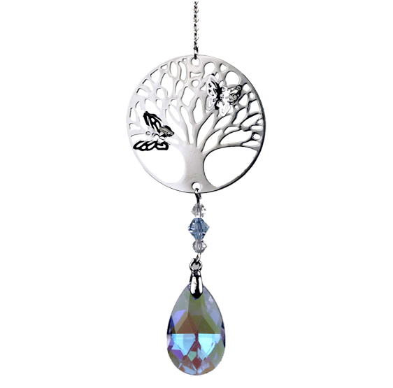 Mobile Arbre de vie avec papillons argenté - goutte cristal - Feng shui