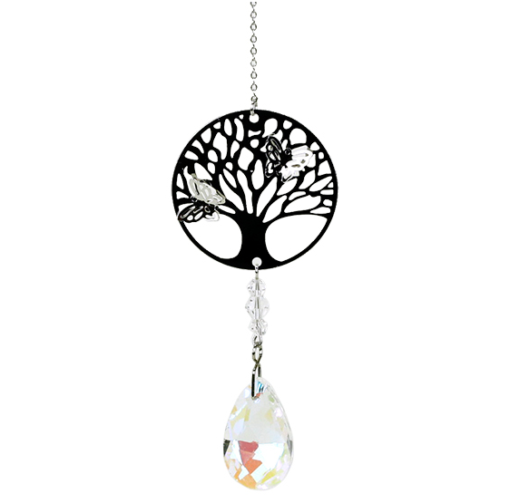 Mobile Arbre de vie avec papillons argenté - goutte cristal - Feng shui