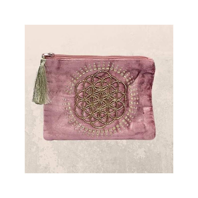 Pochette Velours Vieux Rose Fleur de Vie – 20x15 cm