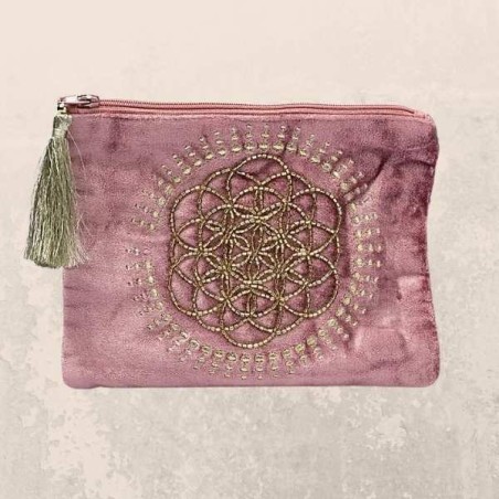 Pochette Velours Vieux Rose Fleur de Vie – 20x15 cm
