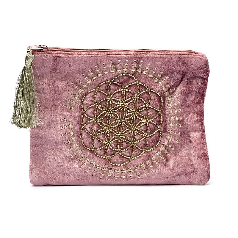 Pochette Velours Vieux Rose Fleur de Vie – 20x15 cm