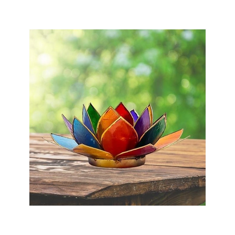Bougeoir Lotus 7 Chakras bord doré – 13,5 cm - Photophore