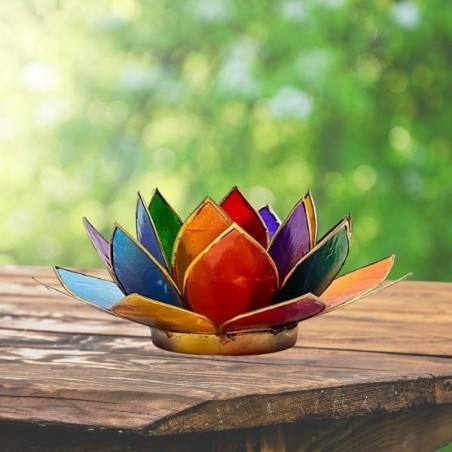 Bougeoir Lotus 7 Chakras bord doré – 13,5 cm - Photophore