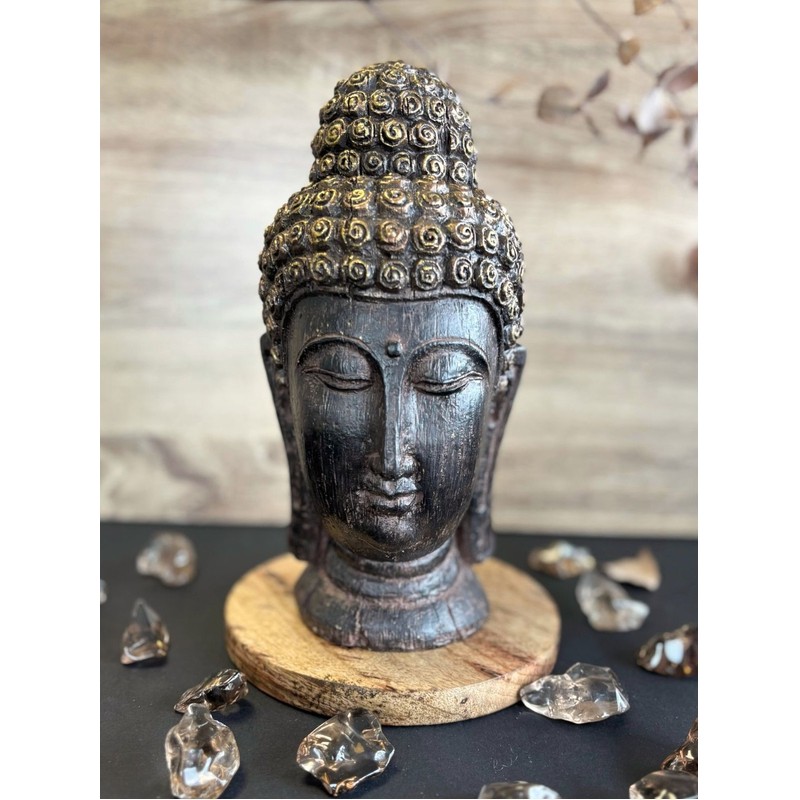 Tête de Bouddha en Résine Dorée – Sérénité et Éveil 24 cm