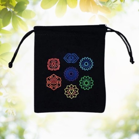 Pochette / bourse - Coton 7 Chakras Noir – 12 × 10,5 cm