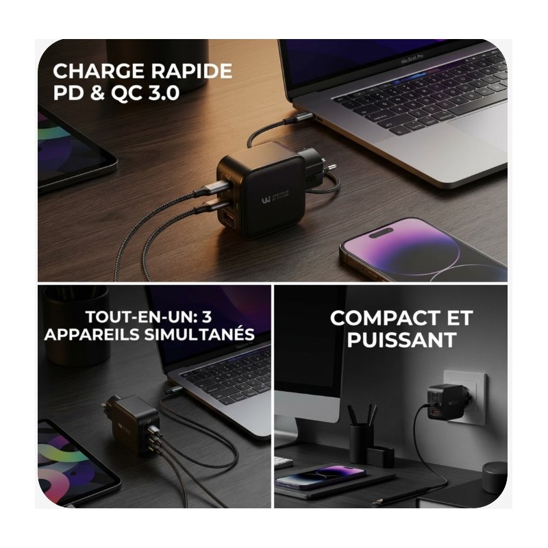 Chargeur avec mise à la terre intégrée - GaN 65W - Câble USB inclus - WICAYA