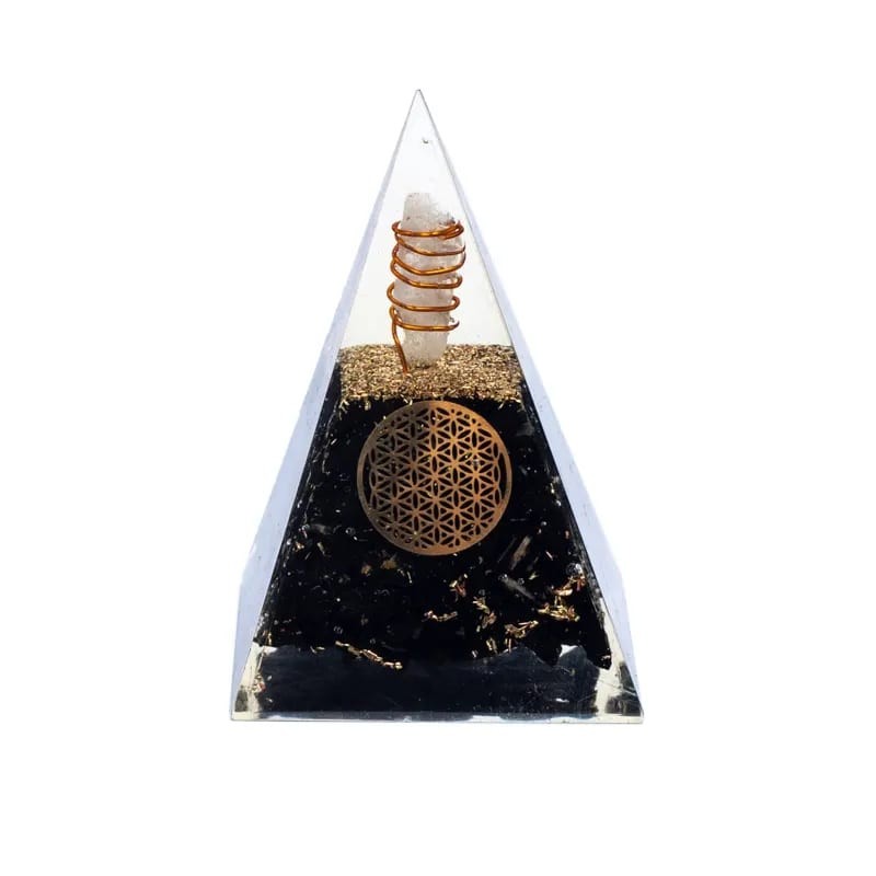 Pyramide Tourmaline haute avec Fleur de Vie & spirale cuivre - orgone