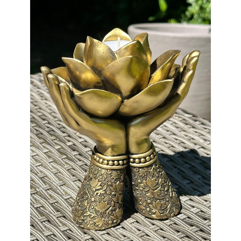 Bougeoir Mains jointes de Lotus Or – Bougeoir Photophore  Zen - 17 cm
