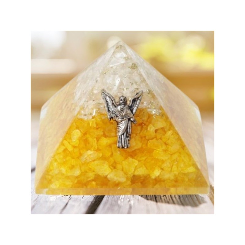 Pyramide d'Orgonite Citrine & Cristal de Roche  Ange Uriel 7,5 cm