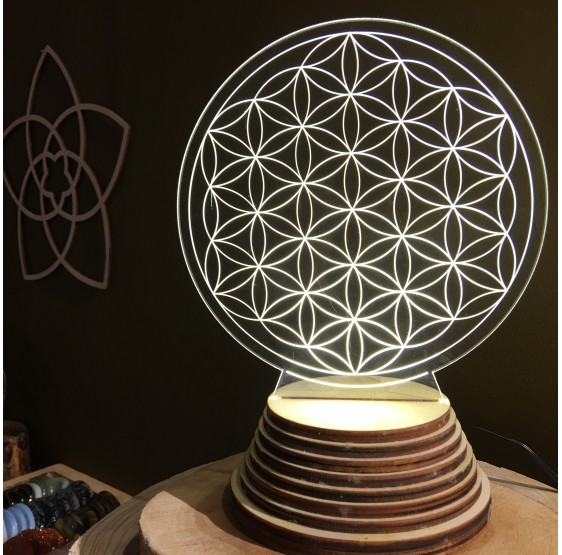 Lampe ambiance Fleur de Vie sur socle LED - bois et acryl