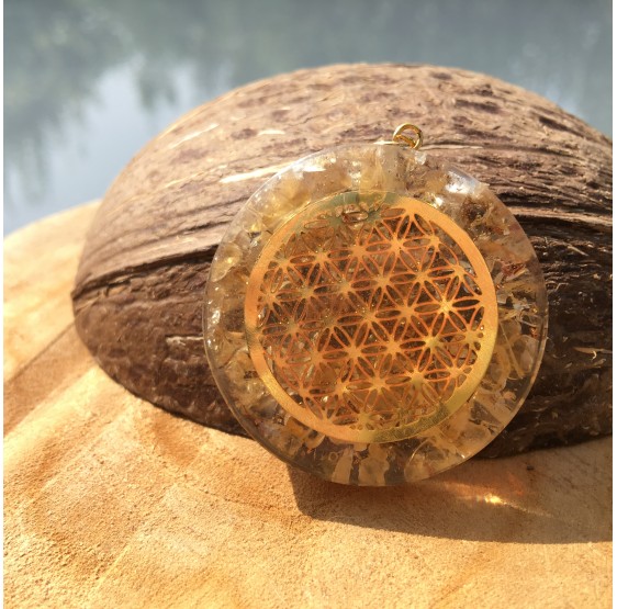 Pendentif Orgone Citrine & Fleur de vie - avec fil noir