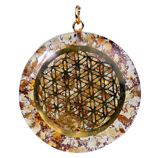 Pendentif Orgone Citrine & Fleur de vie - avec fil noir