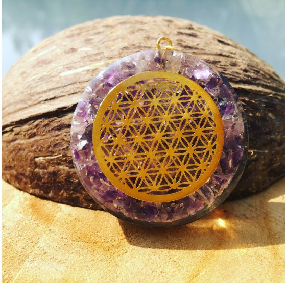 Pendentif Orgone Amethyste & Fleur de vie - avec fil noir