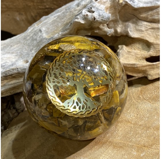 Sphère d'Orgonite Oeil de tigre avec l'arbre de vie - 5 cm