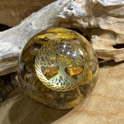 Sphère d'Orgonite Oeil de tigre avec l'arbre de vie - 5 cm