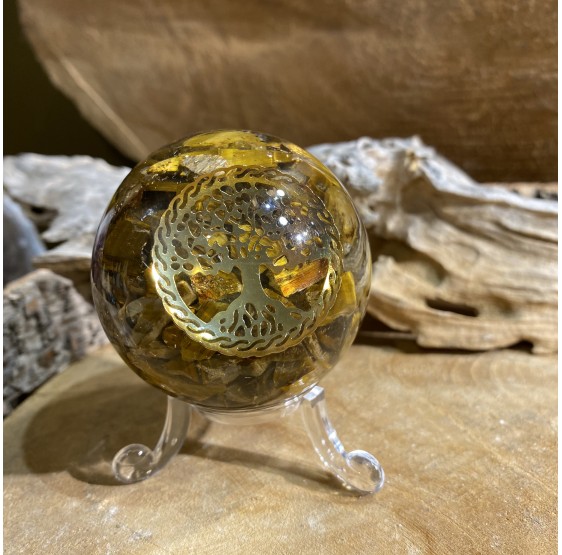 Sphère d'Orgonite Oeil de tigre avec l'arbre de vie - 5 cm