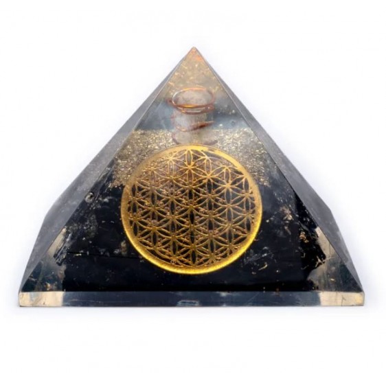 Pyramide Tourmaline / cristal de roche avec Fleur de Vie & spirale - orgone