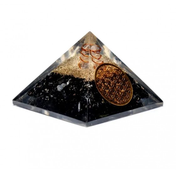 Pyramide Tourmaline / cristal de roche avec Fleur de Vie & spirale - orgone