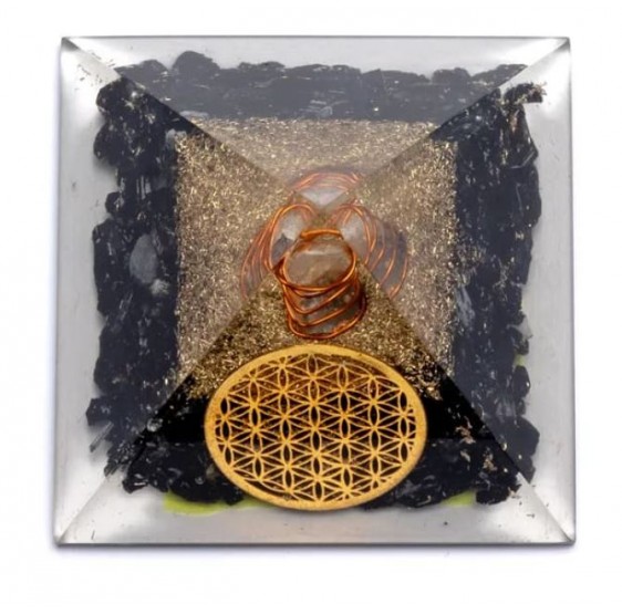 Pyramide Tourmaline / cristal de roche avec Fleur de Vie & spirale - orgone