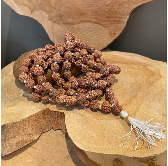 Mala Rudraksha Collier - 108 grains - large - collier - floche blanche