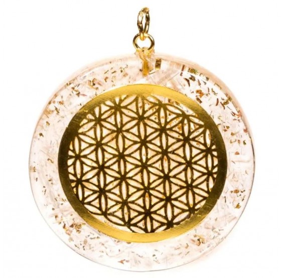 Pendentif Orgone selenite & Fleur de vie - avec fil noir