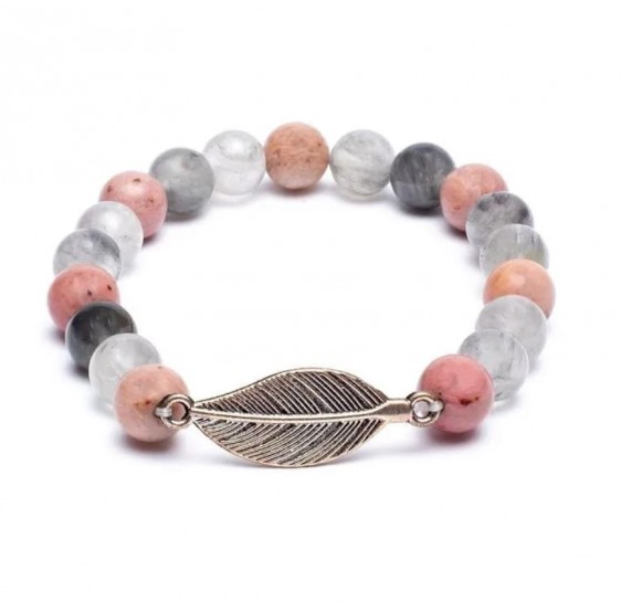 Bracelet Mala Rhodonite/ Quartz gris + plume