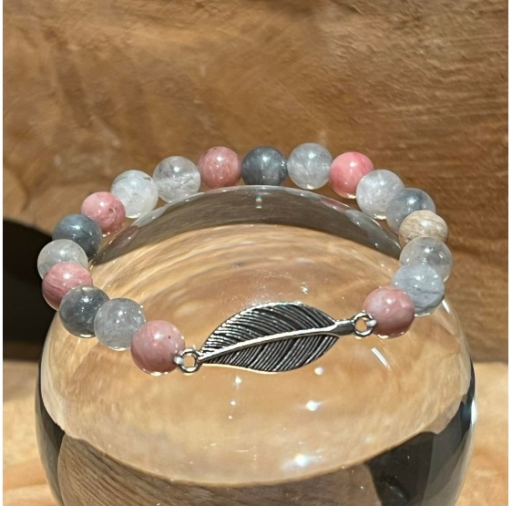 Bracelet Mala Rhodonite/ Quartz gris + plume