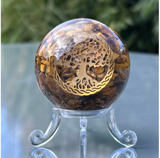 Sphère d'Orgonite Oeil de tigre avec l'arbre de vie - 5 cm