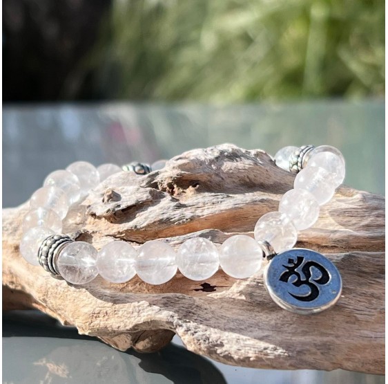 Mala / bracelet cristal de roche élastique Om - Ohm