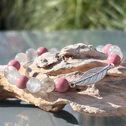 Bracelet Mala Rhodonite/ Quartz gris + plume