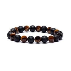 Bracelet Homme Oeil de Tigre et pierre de lave rondes +/- 8 mm