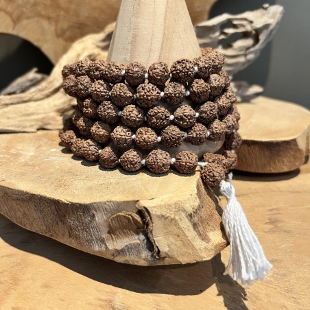 Mala Rudraksha Collier - 108 grains - large - collier - floche blanche