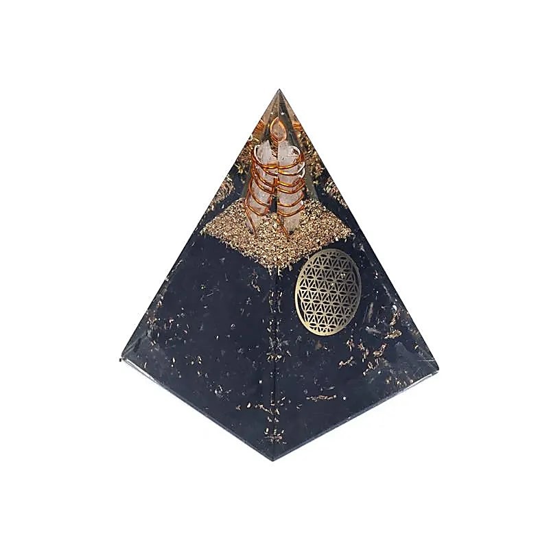 Pyramide Tourmaline haute avec Fleur de Vie & spirale cuivre - orgone