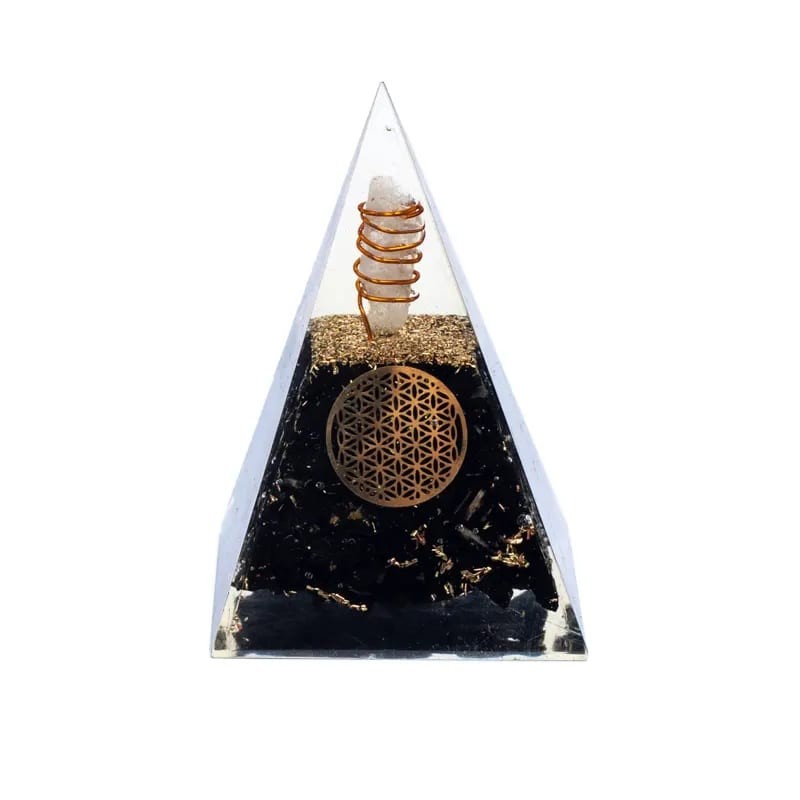 Pyramide Tourmaline haute avec Fleur de Vie & spirale cuivre - orgone