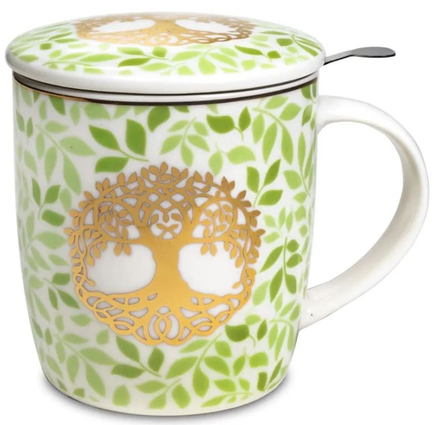 Belle tasse à thé arbre de vie, Mug avec couvercle et passoire à thé.